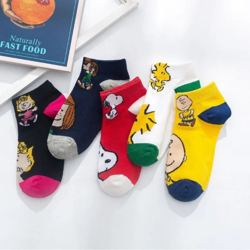 5 Pairs Snoopy Socks Cartoon Cotton Short Socks Breathable Sport Invisible Running Sock Summer Comfortable Casual Ankle Socks