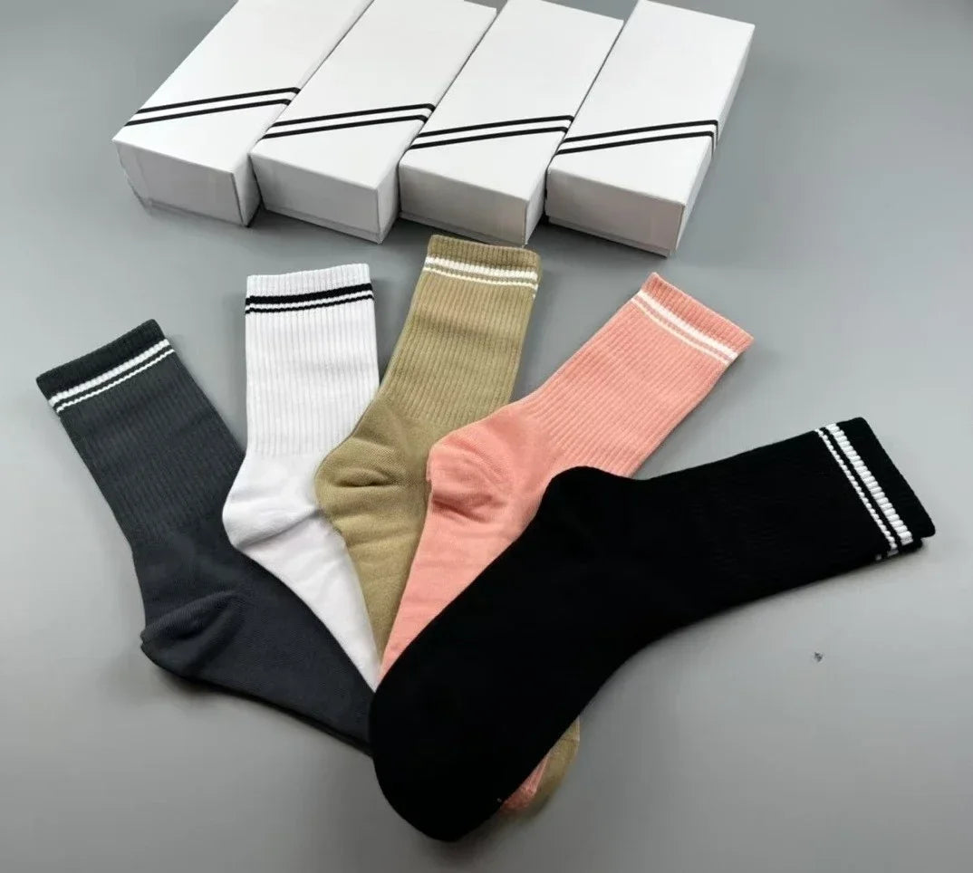 5 Pairs AL Yoga Socks Striped Couple Style Casual Cotton Socks Sport Running Wicking Sweat Breathable Soft Mid-tube Socks