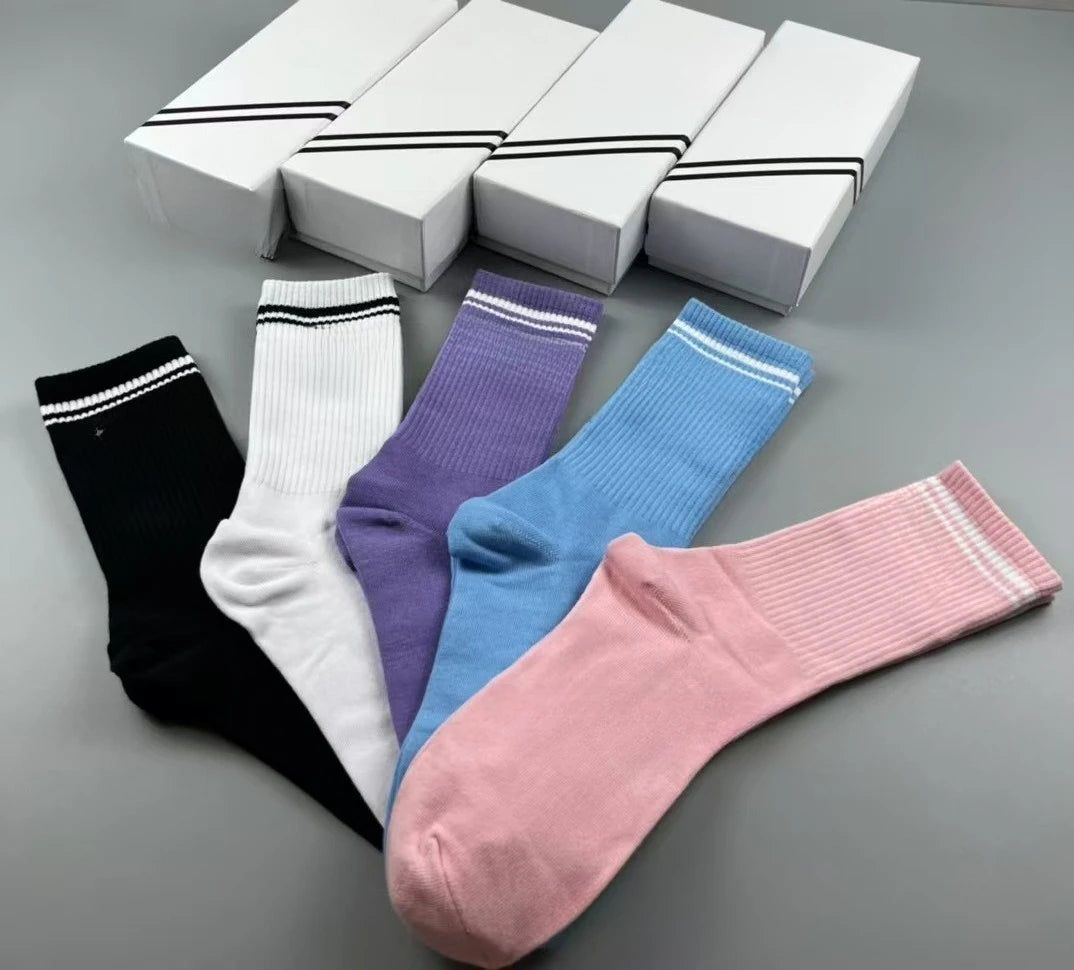 5 Pairs AL Yoga Socks Striped Couple Style Casual Cotton Socks Sport Running Wicking Sweat Breathable Soft Mid-tube Socks