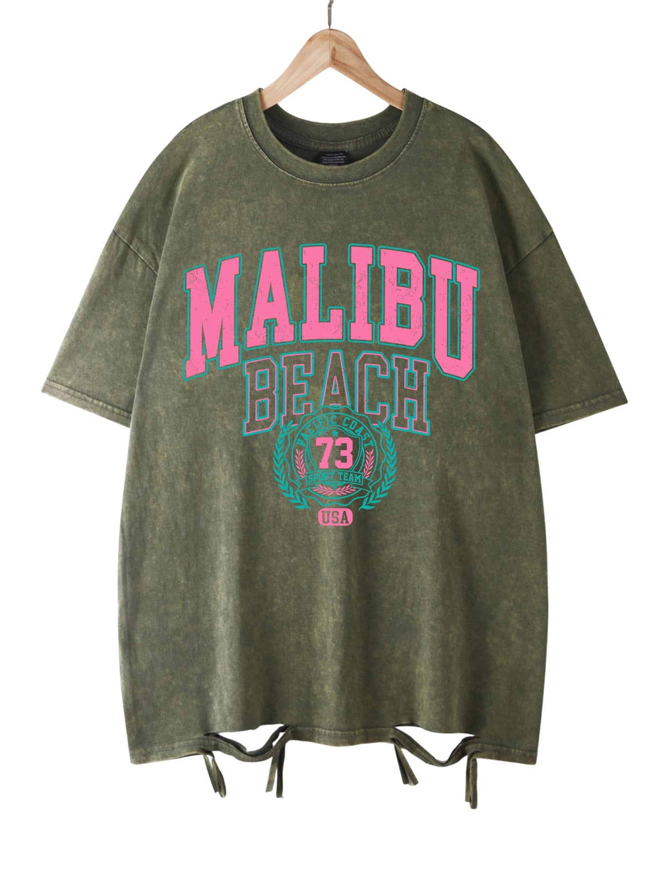 Malibu Beach Washed T-Shirt Women Letter Printing Cotton T Shirt Comfortable Crewneck Tops Casual Oversized Tees Female Clothes