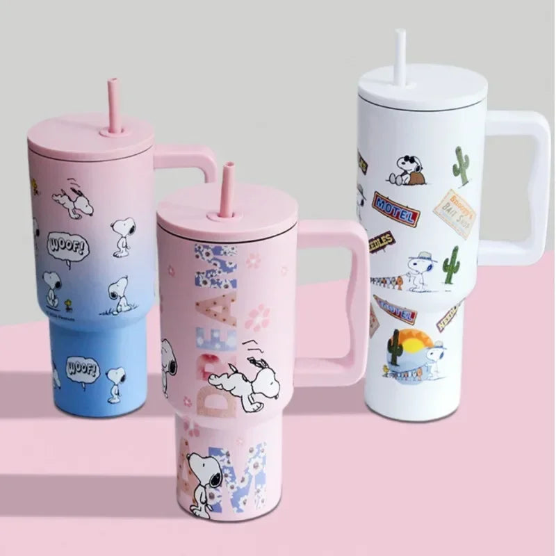 1200ml Snoopy Vacuum Flasks Cartoon Thermos Bottle Sports 304 Stainless Steel Water Bottle with Straw Handle Travel Car Ice Cup
