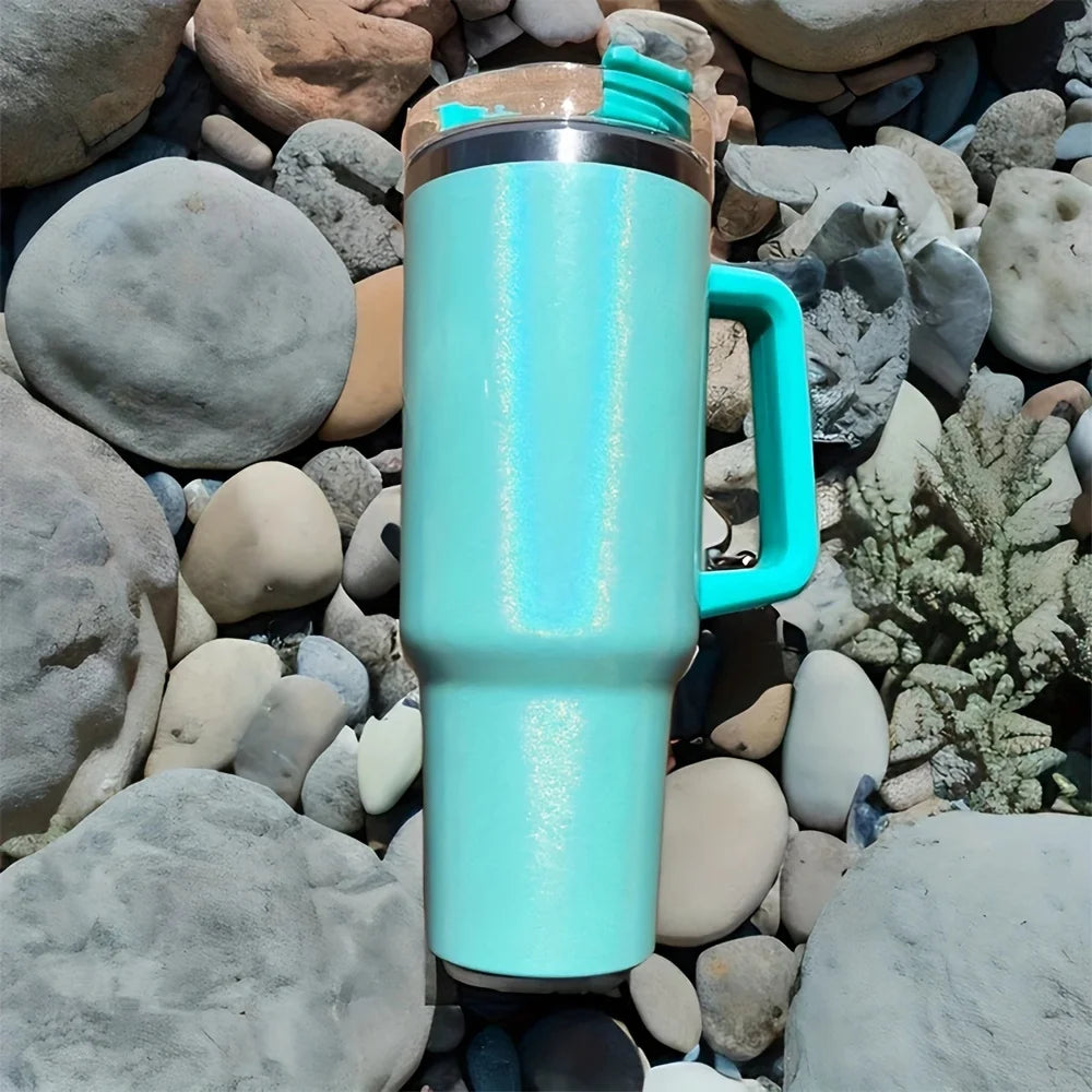 40Oz Stainless Steel thermos cup With Handle Lid and Straw Insulated Rainbow Paint Travel Mug For Hot And Cold Beverages Outdoor