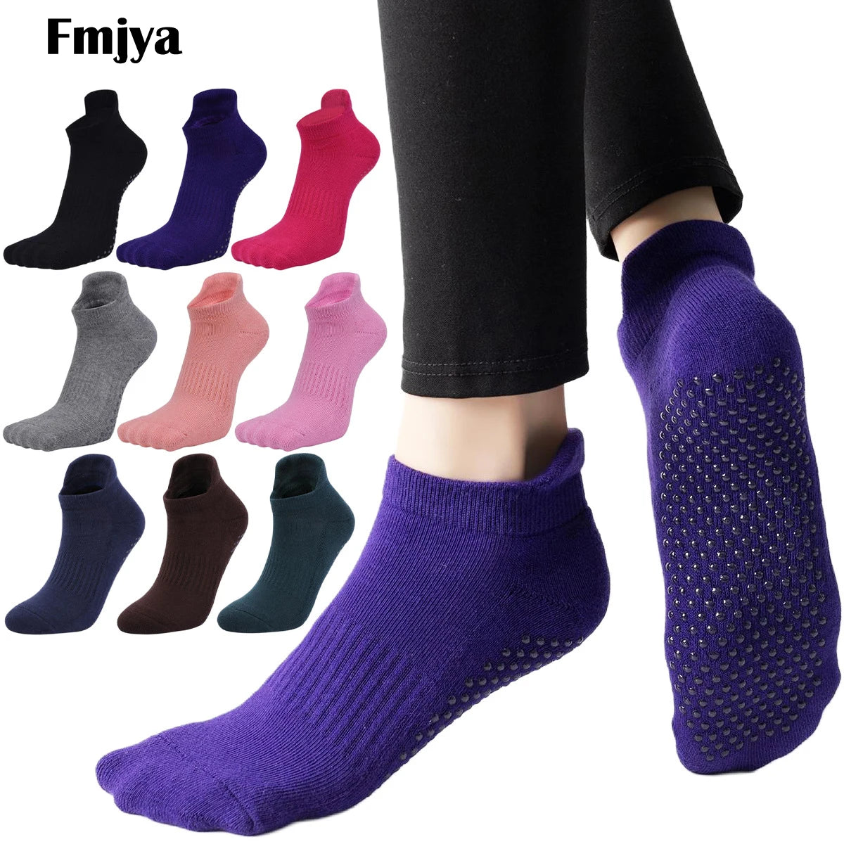 Women Yoga Socks Fitness Pilates Barre Gym Sports Dance Anti Slip Grip Silicone Towel Bottom Breathable Cotton Socks