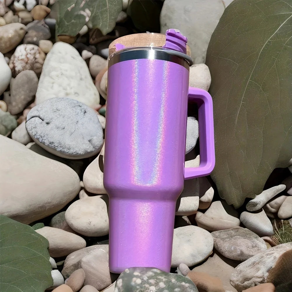 40Oz Stainless Steel thermos cup With Handle Lid and Straw Insulated Rainbow Paint Travel Mug For Hot And Cold Beverages Outdoor