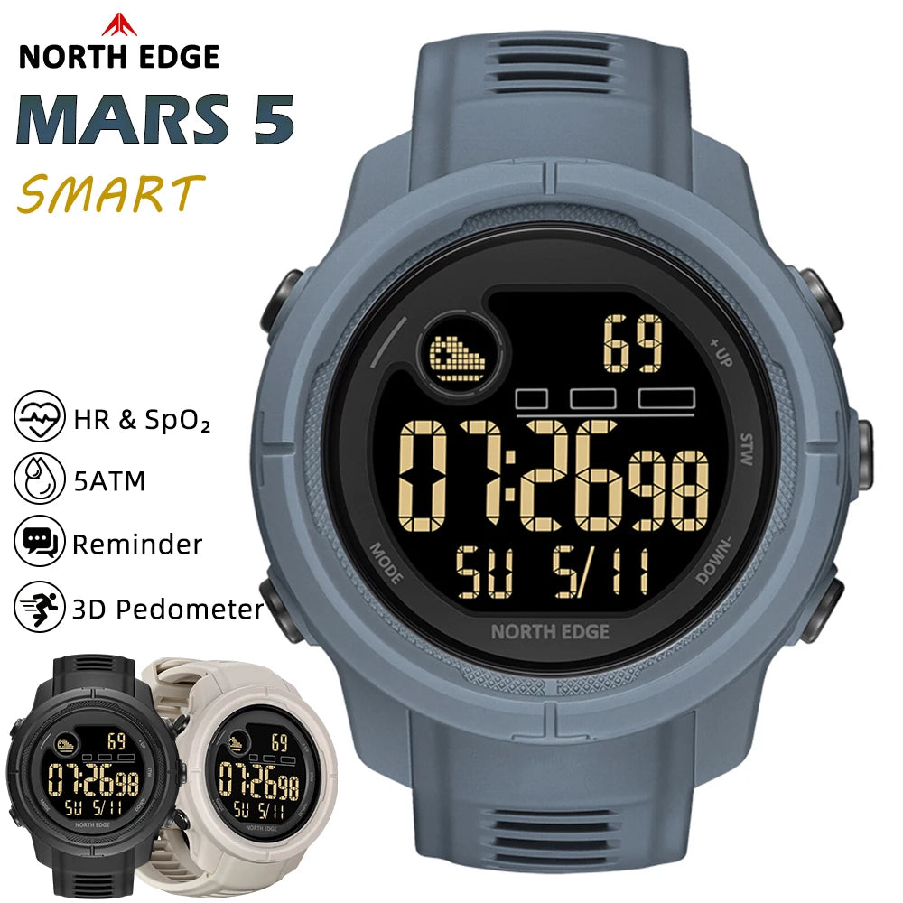 NORTH EDGE New Men's Digital Watch Heart Rate Calories Pedometer Blood Oxygen Monitoring Sports Waterproof 50m Smartwatch MARS 5