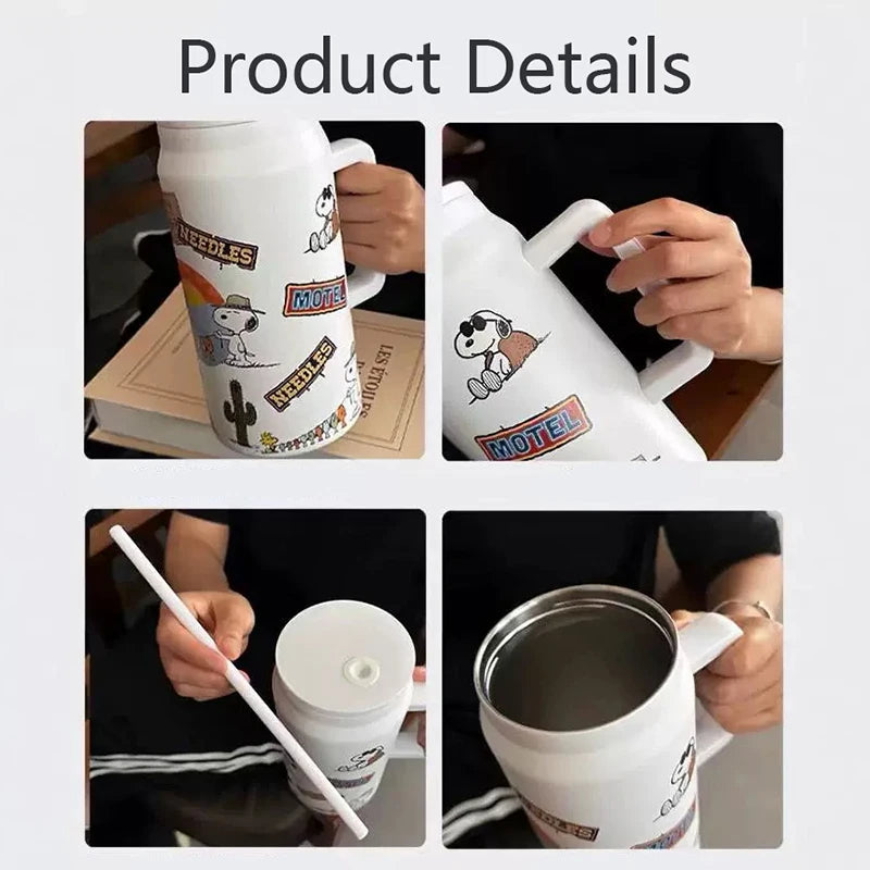 1500ml Snoopy Thermos Bottle Large Capacity Vacuum Flasks Travel 304 Stainless Steel Vacuum Insulated Cup with Handle and Straw