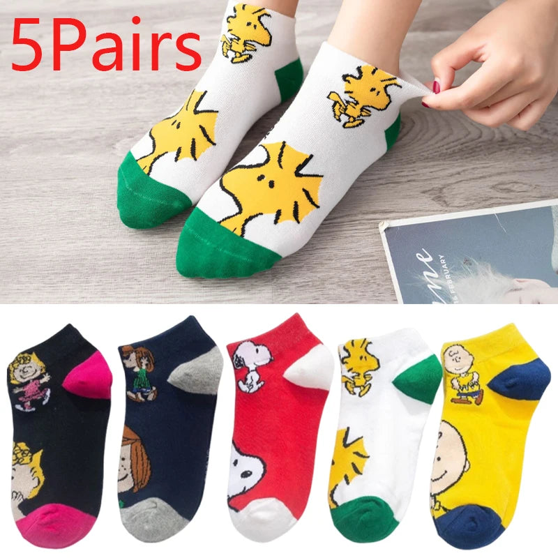 5 Pairs Snoopy Socks Cartoon Cotton Short Socks Breathable Sport Invisible Running Sock Summer Comfortable Casual Ankle Socks