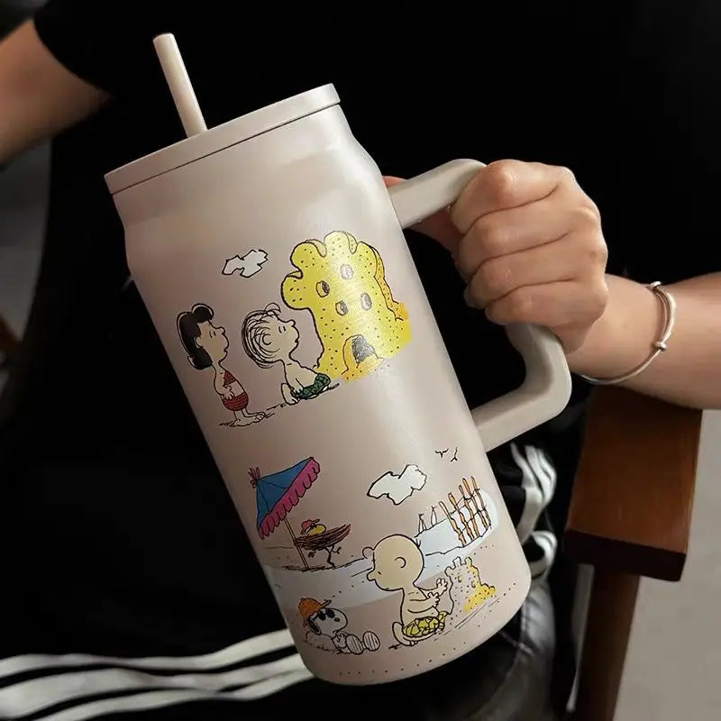 1500ml Snoopy Thermos Bottle Large Capacity Vacuum Flasks Travel 304 Stainless Steel Vacuum Insulated Cup with Handle and Straw