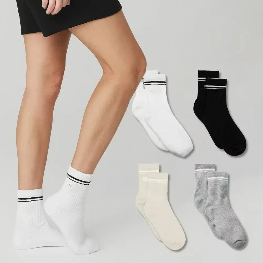 5 Pairs AL Yoga Socks Striped Couple Style Casual Cotton Socks Sport Running Wicking Sweat Breathable Soft Mid-tube Socks