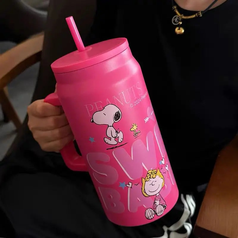 1500ml Snoopy Thermos Bottle Large Capacity Vacuum Flasks Travel 304 Stainless Steel Vacuum Insulated Cup with Handle and Straw