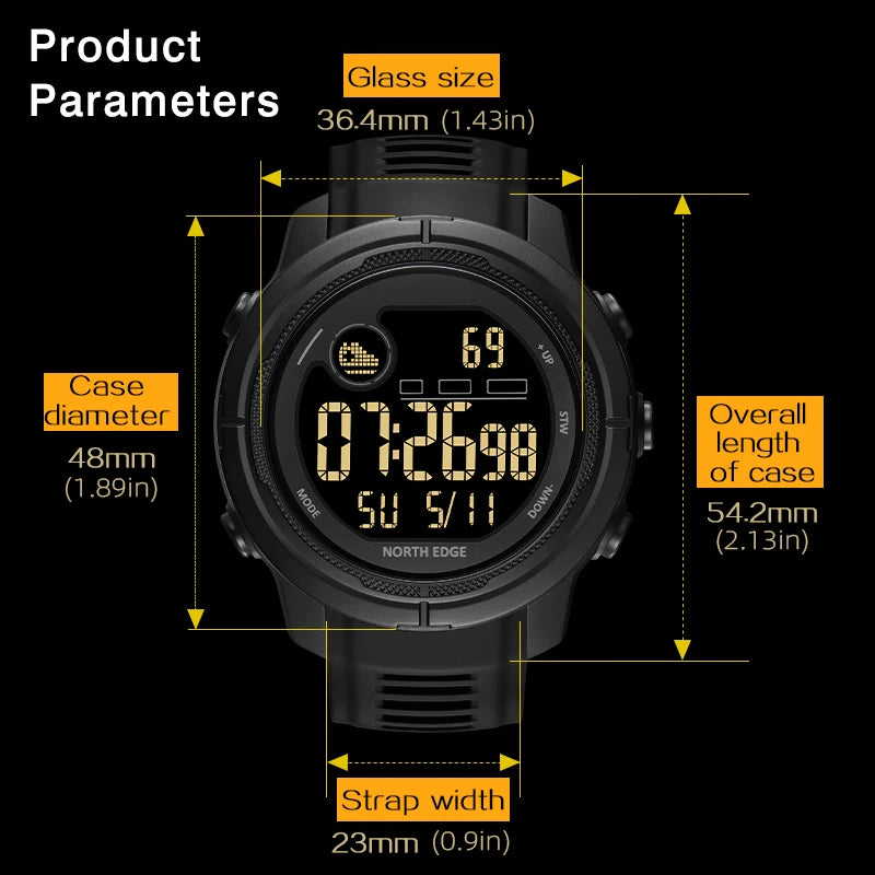 NORTH EDGE New Men's Digital Watch Heart Rate Calories Pedometer Blood Oxygen Monitoring Sports Waterproof 50m Smartwatch MARS 5