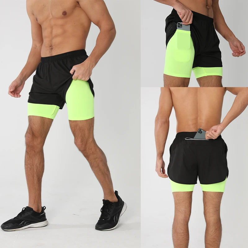 Men's Running Shorts Quick-drying Fitness Black Double Layer Shorts Men New Sport Workout Training Bodybuilding Short Pants