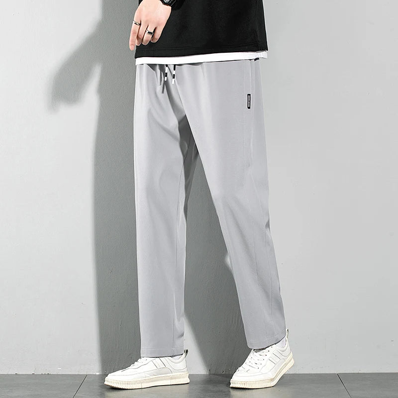 Ice Silk Men's Pants 2025 Summer New Black Gray Thin Business Casual Pants Outdoor Elastic Breathable Straight Leg Sweatpants