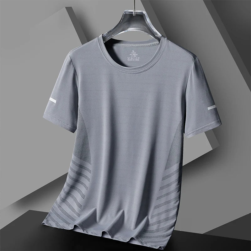 Running T-shirt Men Summer Ice Silk Thin Top Reflective Printing Quick Dry Short Sleeve Breathable Fitness Sports T-shirt 5XL