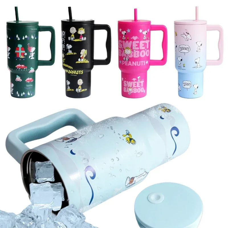 1200ml Snoopy Vacuum Flasks Cartoon Thermos Bottle Sports 304 Stainless Steel Water Bottle with Straw Handle Travel Car Ice Cup