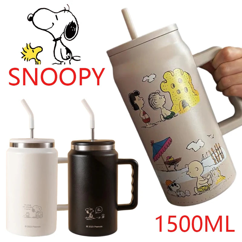 1500ml Snoopy Thermos Bottle Large Capacity Vacuum Flasks Travel 304 Stainless Steel Vacuum Insulated Cup with Handle and Straw