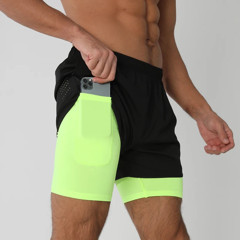 Men's Running Shorts Quick-drying Fitness Black Double Layer Shorts Men New Sport Workout Training Bodybuilding Short Pants