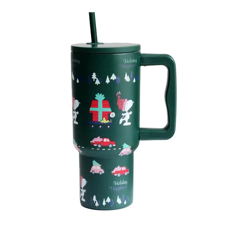 1200ml Snoopy Vacuum Flasks Cartoon Thermos Bottle Sports 304 Stainless Steel Water Bottle with Straw Handle Travel Car Ice Cup