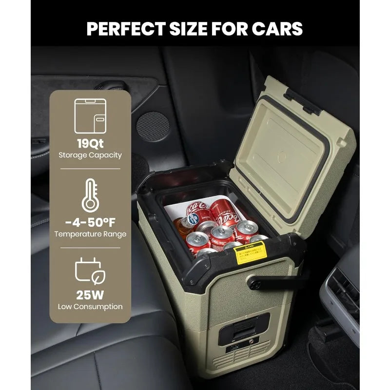 D18 12 Volt Car Refrigerator, Portable Freezer 19Qt/18L Battery & Solar Powered Cooler 25W, -4~50℉, 12/24V DC, 110~240V AC