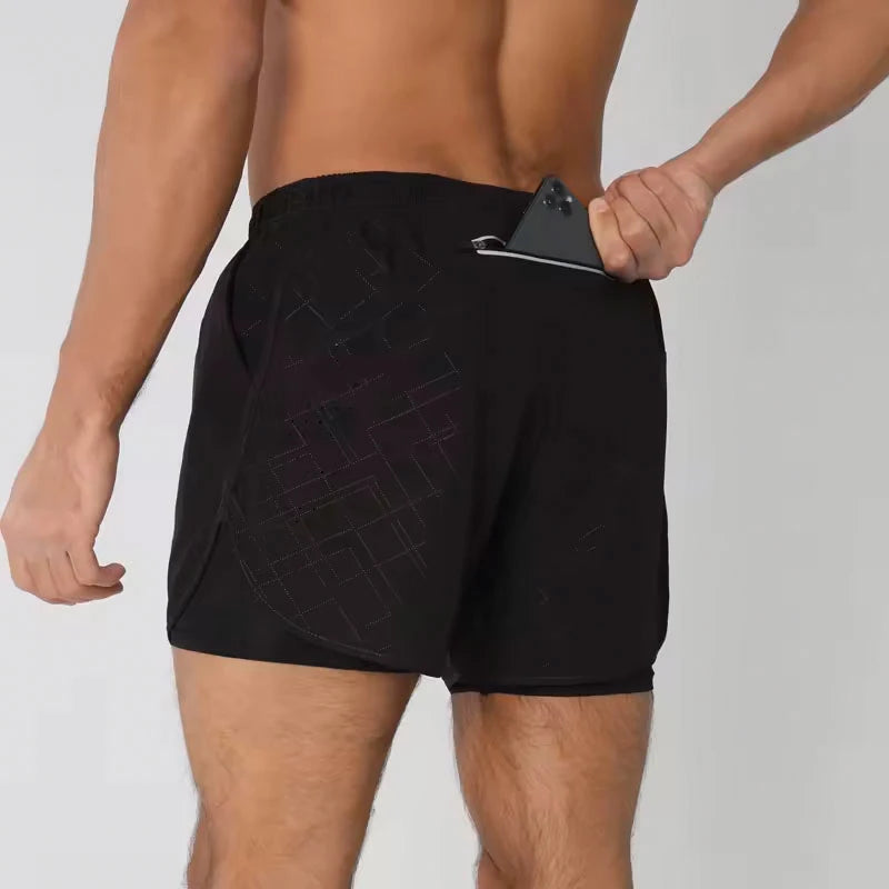 Men's Running Shorts Quick-drying Fitness Black Double Layer Shorts Men New Sport Workout Training Bodybuilding Short Pants