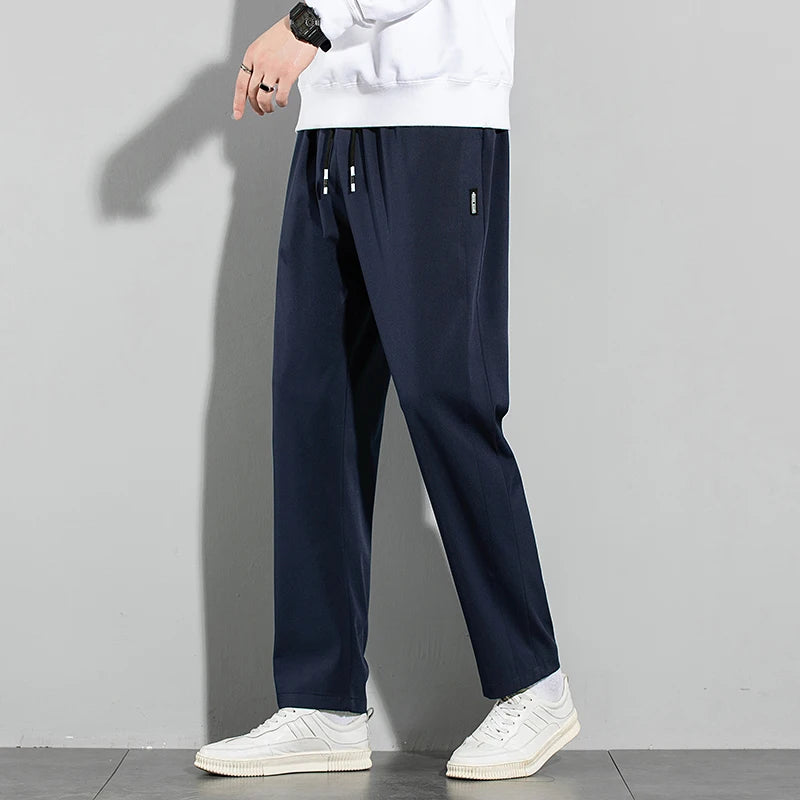 Ice Silk Men's Pants 2025 Summer New Black Gray Thin Business Casual Pants Outdoor Elastic Breathable Straight Leg Sweatpants