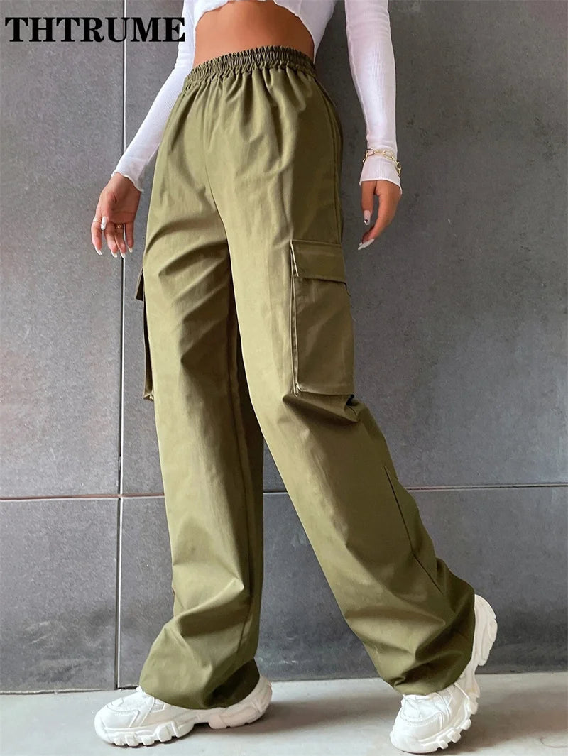 Fashion Women Baggy Joggers Pants Casual Communte Female Chic Straight Cargo Pant Elastic High Waist Elegant Oversized Trousers