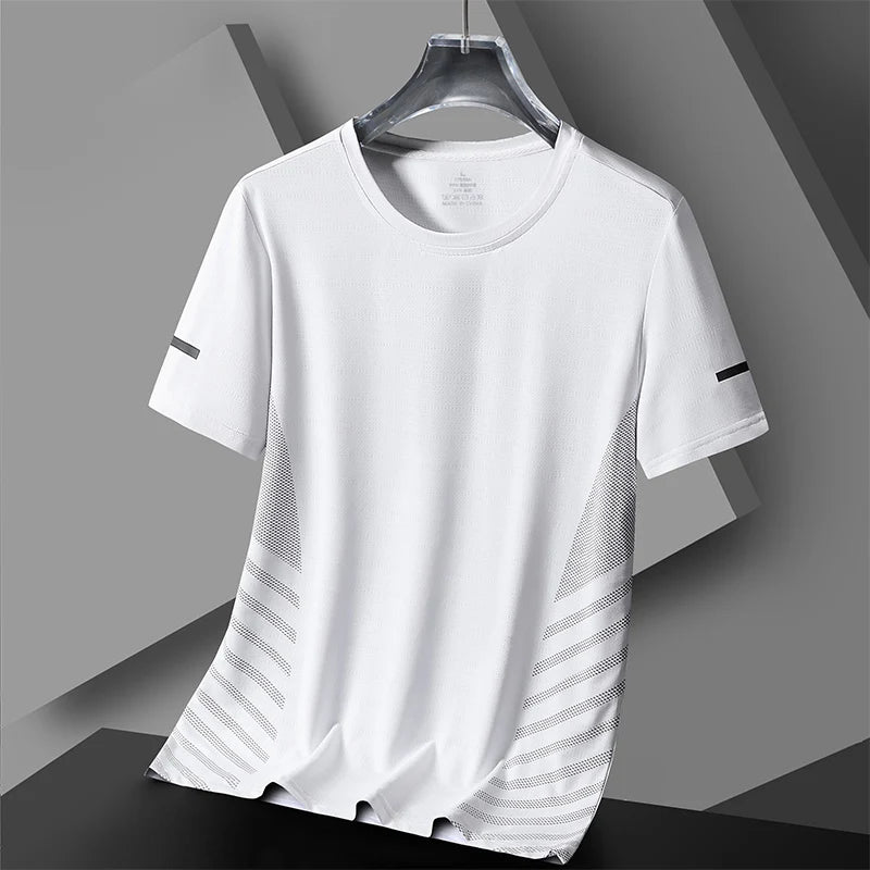 Running T-shirt Men Summer Ice Silk Thin Top Reflective Printing Quick Dry Short Sleeve Breathable Fitness Sports T-shirt 5XL