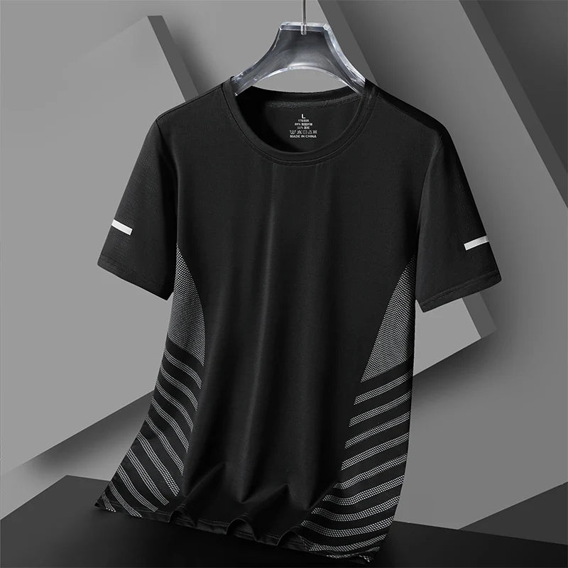 Running T-shirt Men Summer Ice Silk Thin Top Reflective Printing Quick Dry Short Sleeve Breathable Fitness Sports T-shirt 5XL
