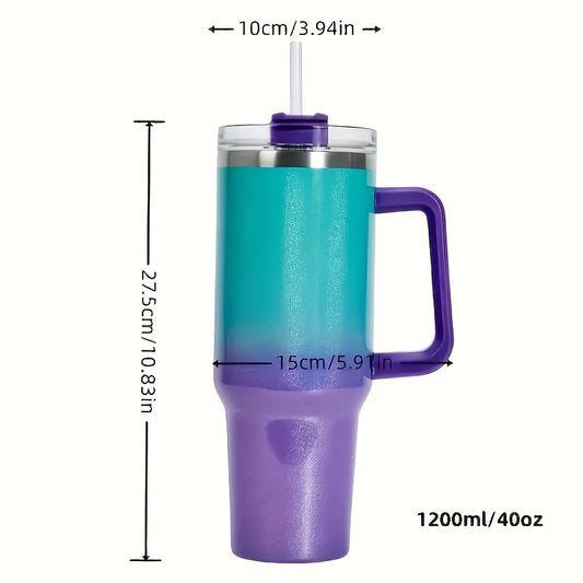 40Oz Stainless Steel thermos cup With Handle Lid and Straw Insulated Rainbow Paint Travel Mug For Hot And Cold Beverages Outdoor