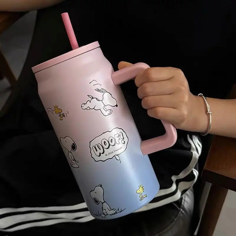 1500ml Snoopy Thermos Bottle Large Capacity Vacuum Flasks Travel 304 Stainless Steel Vacuum Insulated Cup with Handle and Straw
