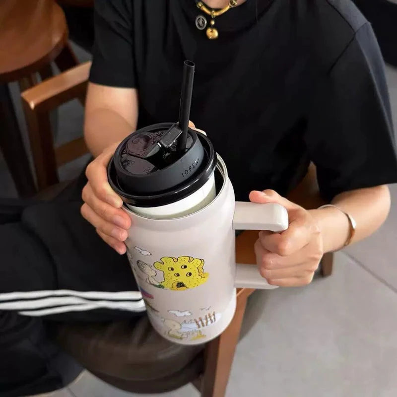 1500ml Snoopy Thermos Bottle Large Capacity Vacuum Flasks Travel 304 Stainless Steel Vacuum Insulated Cup with Handle and Straw