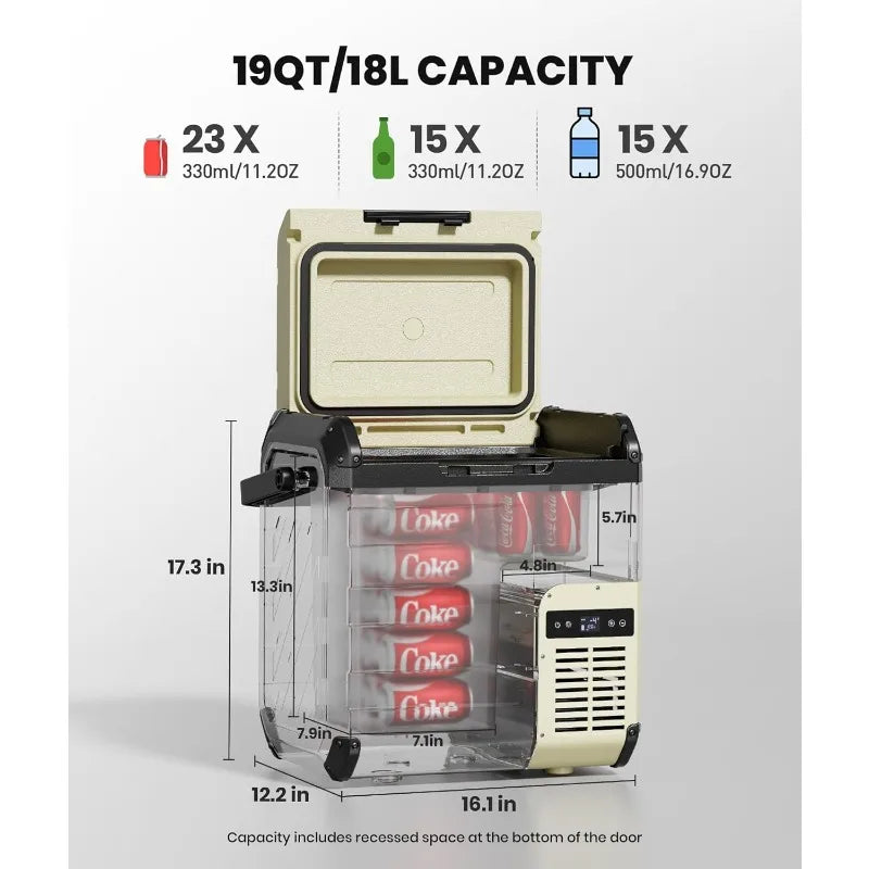 D18 12 Volt Car Refrigerator, Portable Freezer 19Qt/18L Battery & Solar Powered Cooler 25W, -4~50℉, 12/24V DC, 110~240V AC